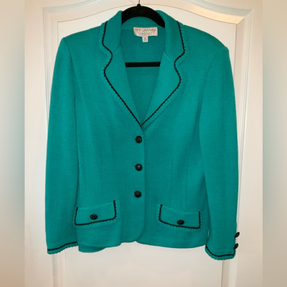 ST. JOHN 2-Piece Pantsuit, 6, Knit, Dark Aqua w/ Black Trim on Jacket—EUC!!